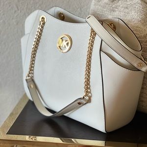 Michael Kors White Carry All Shoulder Bag with Gold Chain Handles